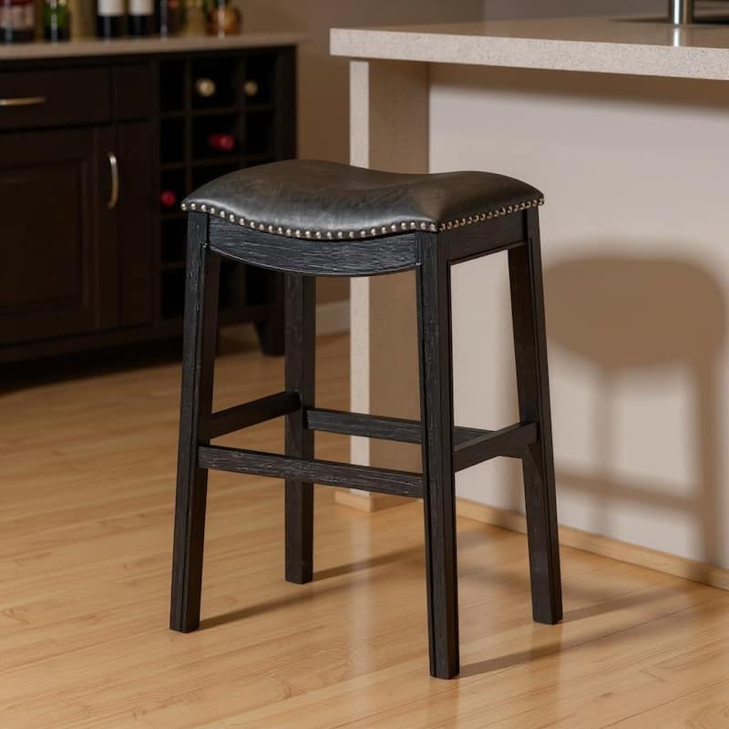 HomeRoots 31" Charcoal and Black Faux Leather and Solid Wood Backless Bar Height Bar Chair - Bar Height - Charcoal - Single