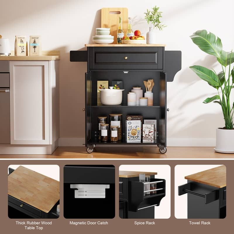 Kitchen Island Cart with Storage Cabinet, Wood Top and Locking Wheels