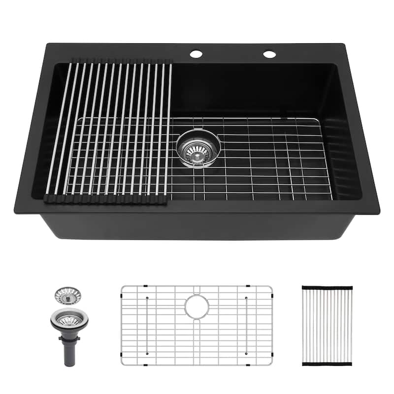 33" Drop-In Single Bowl Quartz Kitchen Sink in Black - 33'' x 19'' x 9.65''