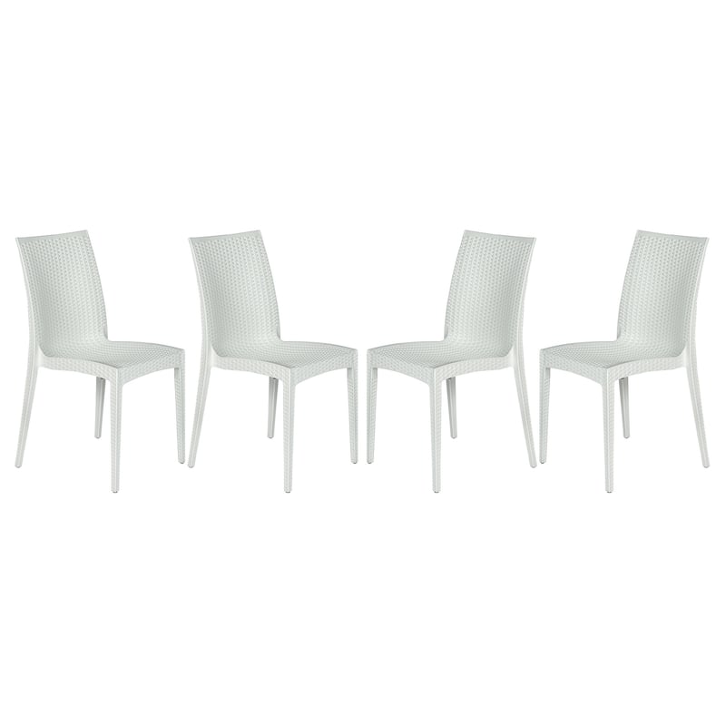 Outdoor Patio Dining Chairs, Set of 4 Stackable Polypropylene Chairs with Woven Design for Garden, Deck, or Pool - White