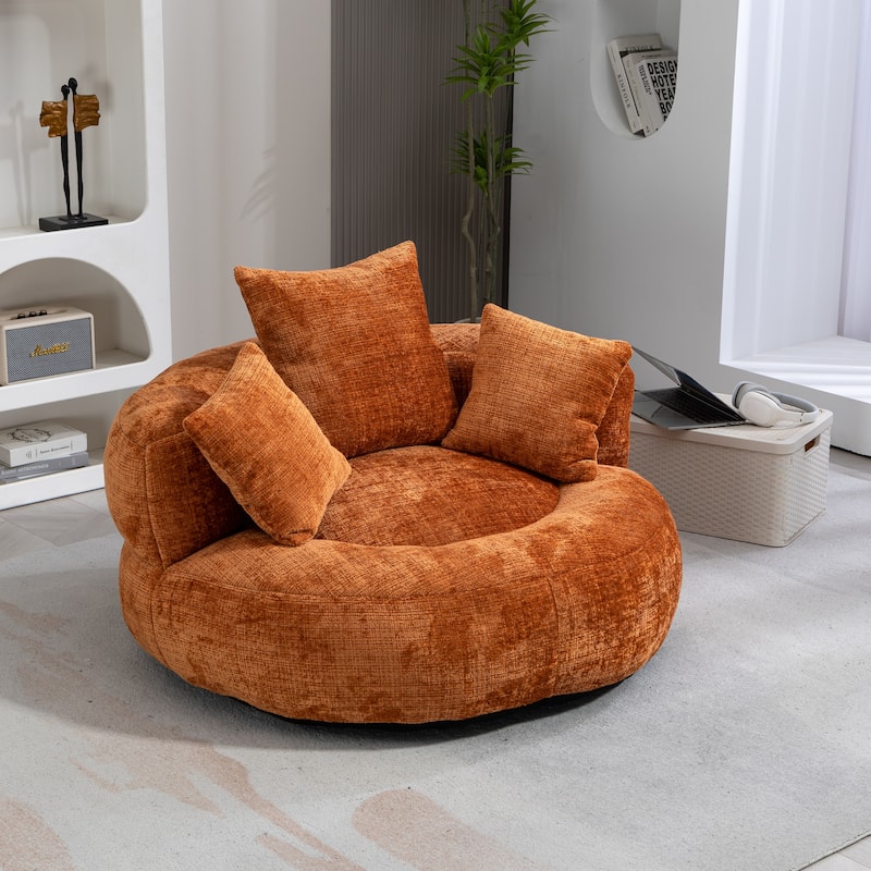 Chenille Oval Bean Bag Chair, Memory Foam Filling Lazy Sofa, Adults Lounge Chair with 3 Pillows & Semi-Wraparound Armrests