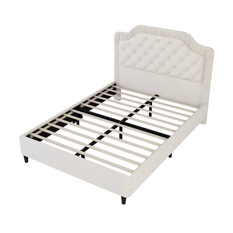 Luxurious Velvet Platform Bed Frame with Tufted & Pleated Headboard, Sturdy Wood Base - Full, Queen, King