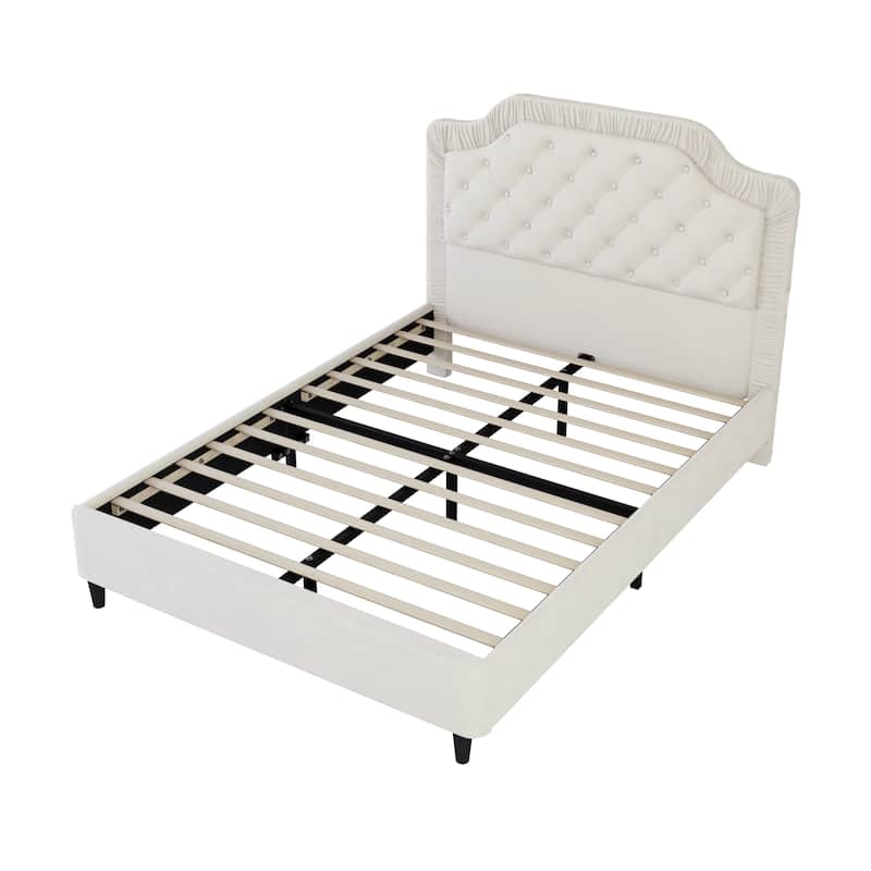 Velvet Upholstered Platform Bed with Ruched and Button Tufted Headboard, Solid Wood Frame, No Box Spring Needed, Easy Assembly