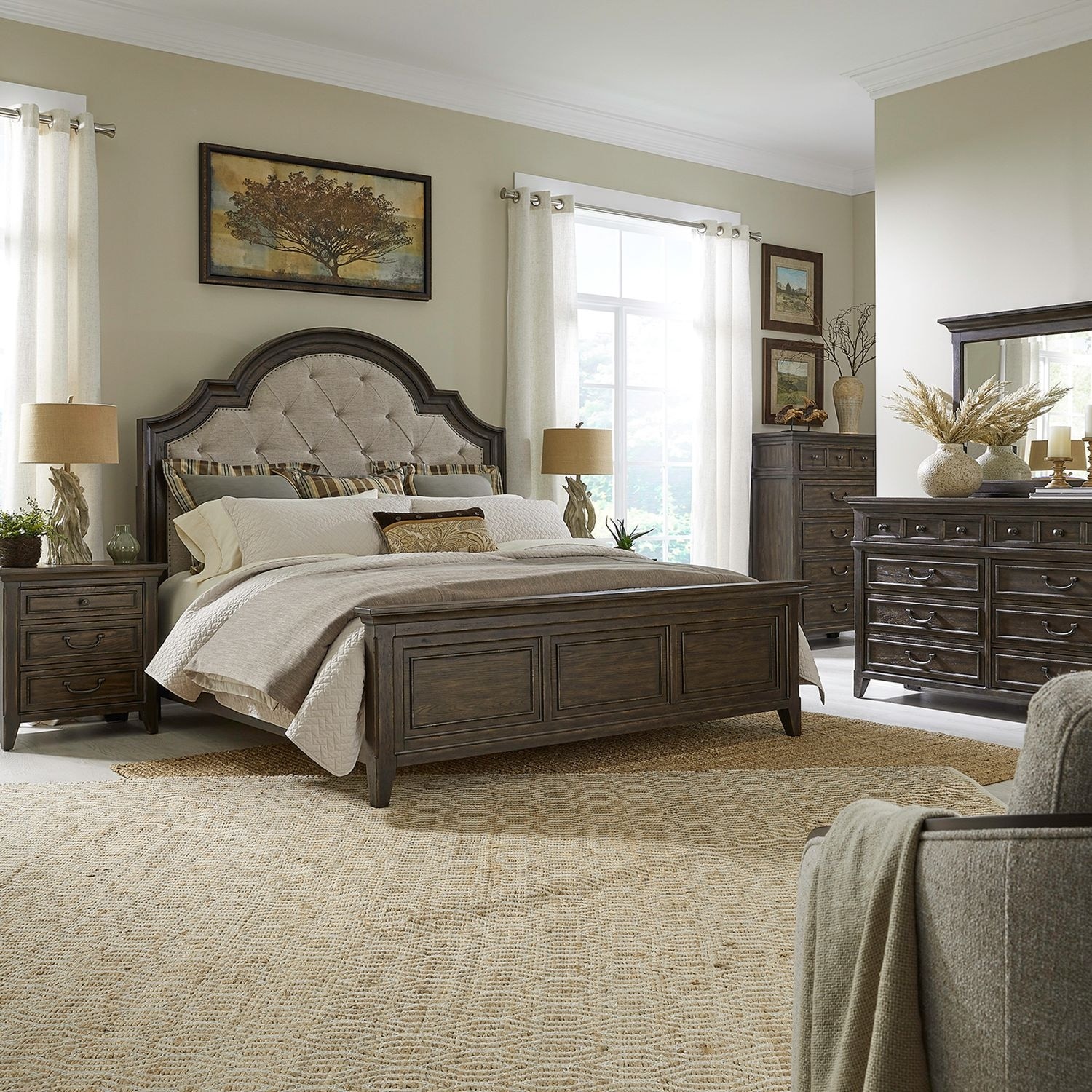 Liberty Furniture Paradise Valley California King Upholstered Bed, Dresser & Mirror, Chest, Night Stand