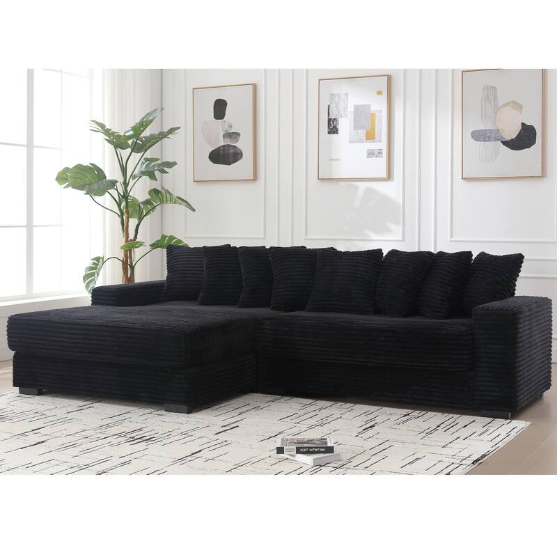 Modern 111" Sectional Couch, Oversized Corner Sofa with Chaise, 8 Throw Pillows, L Shaped Corduroy Sofa for Living Room - Black