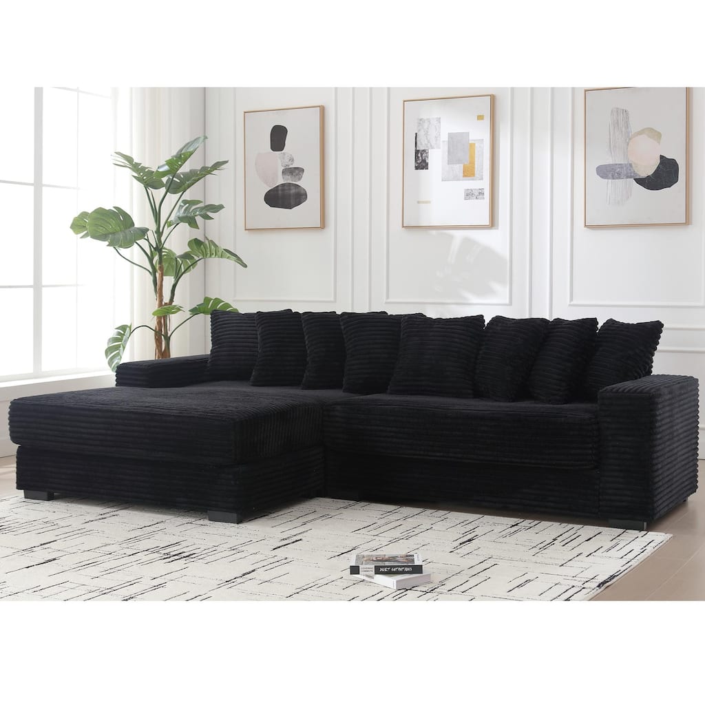 Oversized Two-Piece L Shaped Corduroy Sofa with Left Chaise Daybed and Eight Throw Pillows, Black