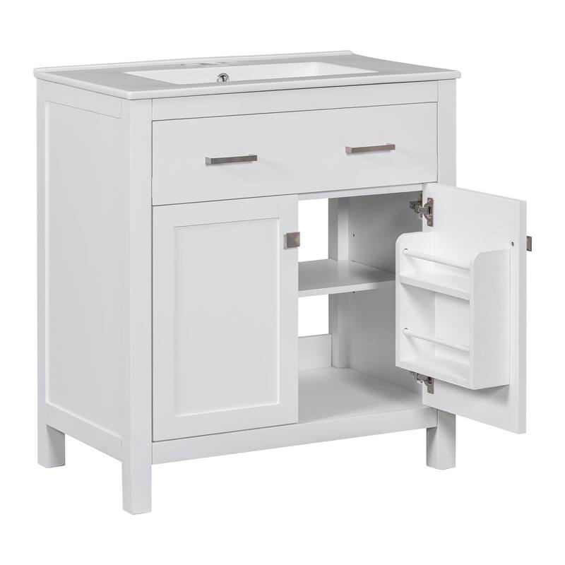 30-Inch Bathroom Vanity with Ceramic Sink, Soft-Close Doors, Shelf & Drawer - Modern Freestanding Cabinet