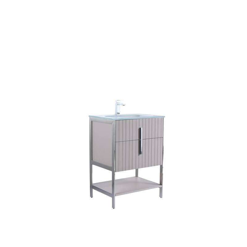 Fine Fixtures Serenity Modern Bathroom Vanity with White Glass Top - Bright Taupe - Chrome Hardware - 24 inch