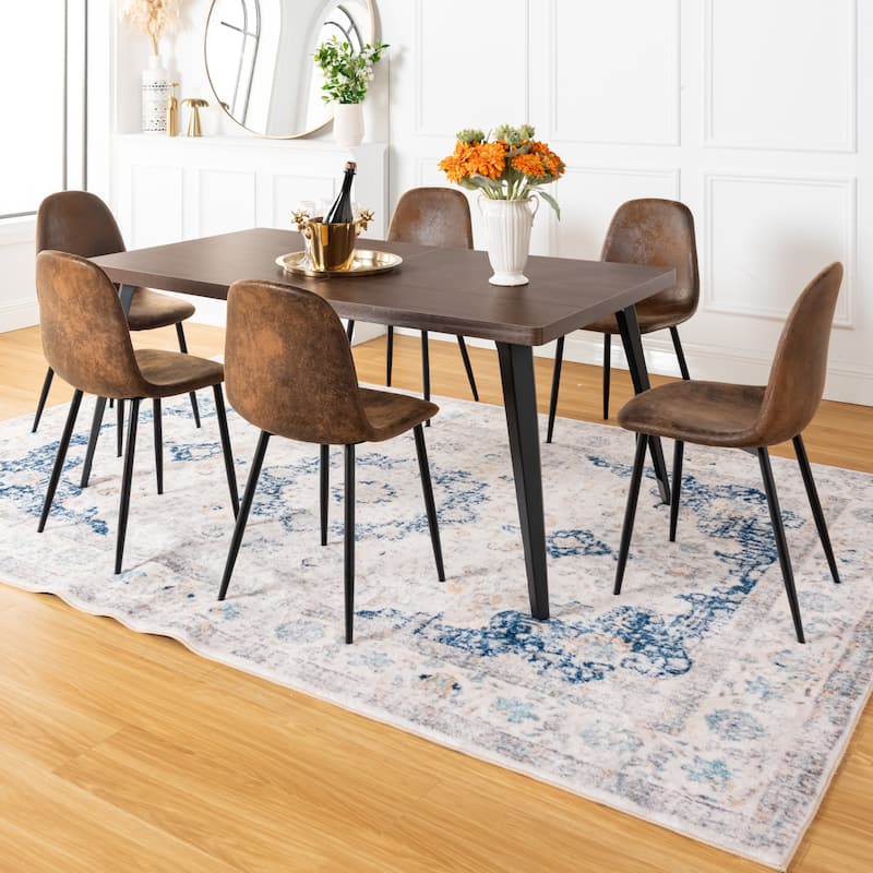 Homy Casa 7PCS Dining Set, Dark Brown Table and 6 Suede Upholstered Chairs