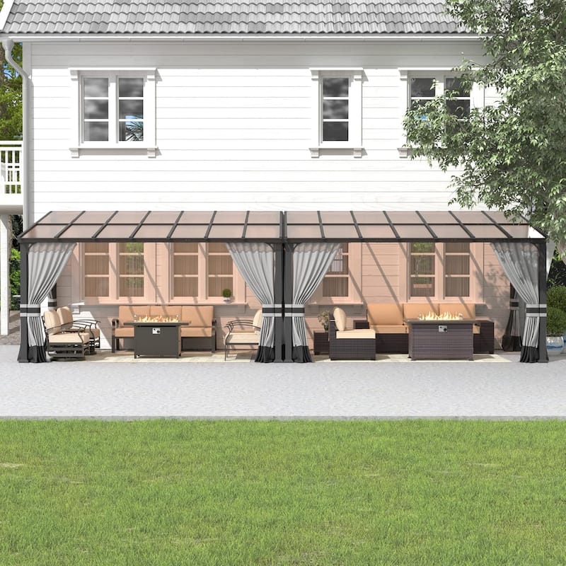 Wall Mounted Gazebo, Hardtop Permanent Outdoor Shade Canopy with Curtains for Deck, Backyard, Patio