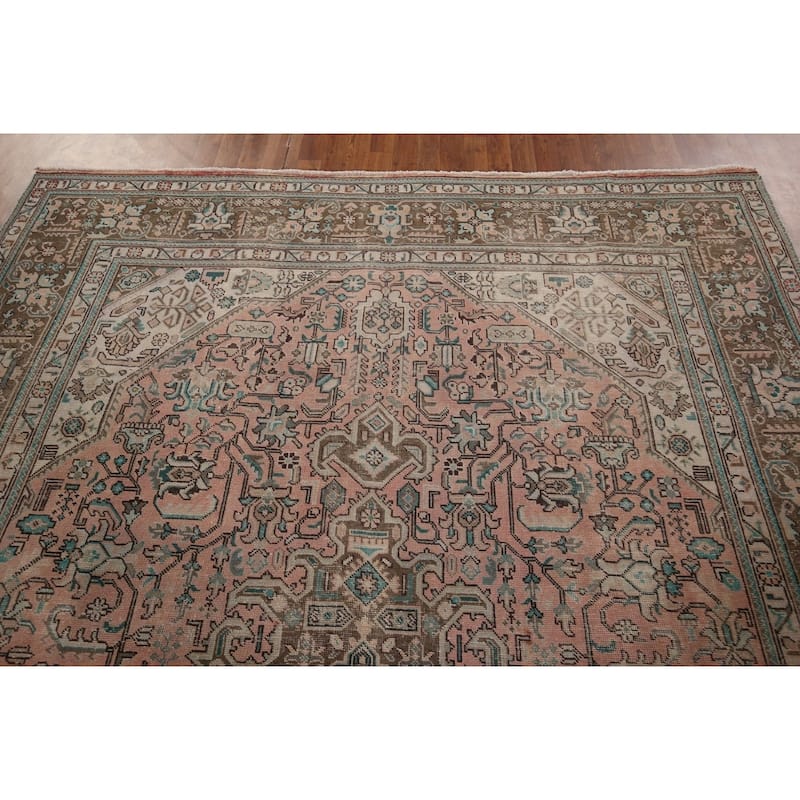 Distressed Tabriz Persian Vintage Rug Hand-Knotted Pink Wool Carpet - 8'2" x 11'1"