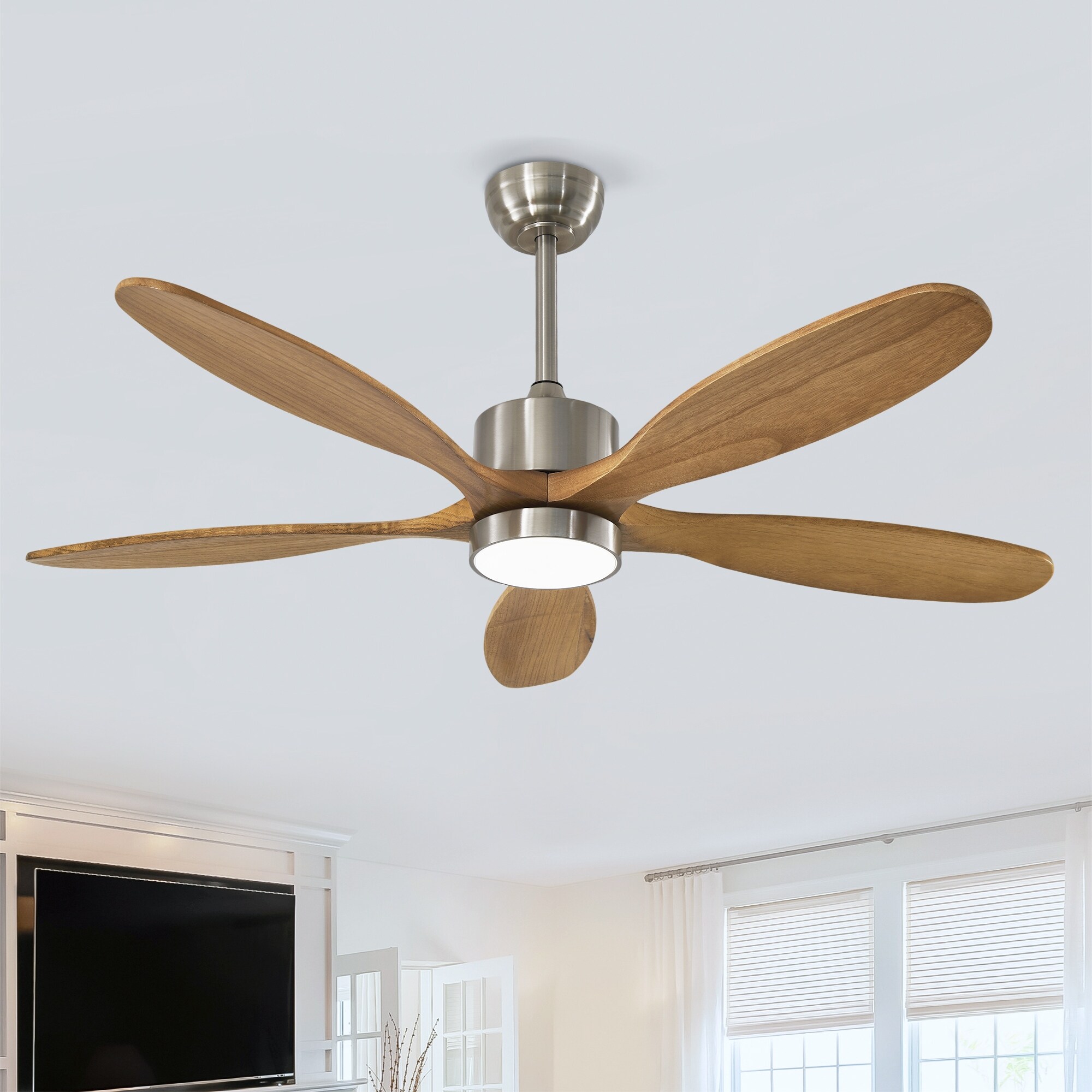 52-Inch Ceiling Fan with Light and 5 Wood Blades, Dimmable LED