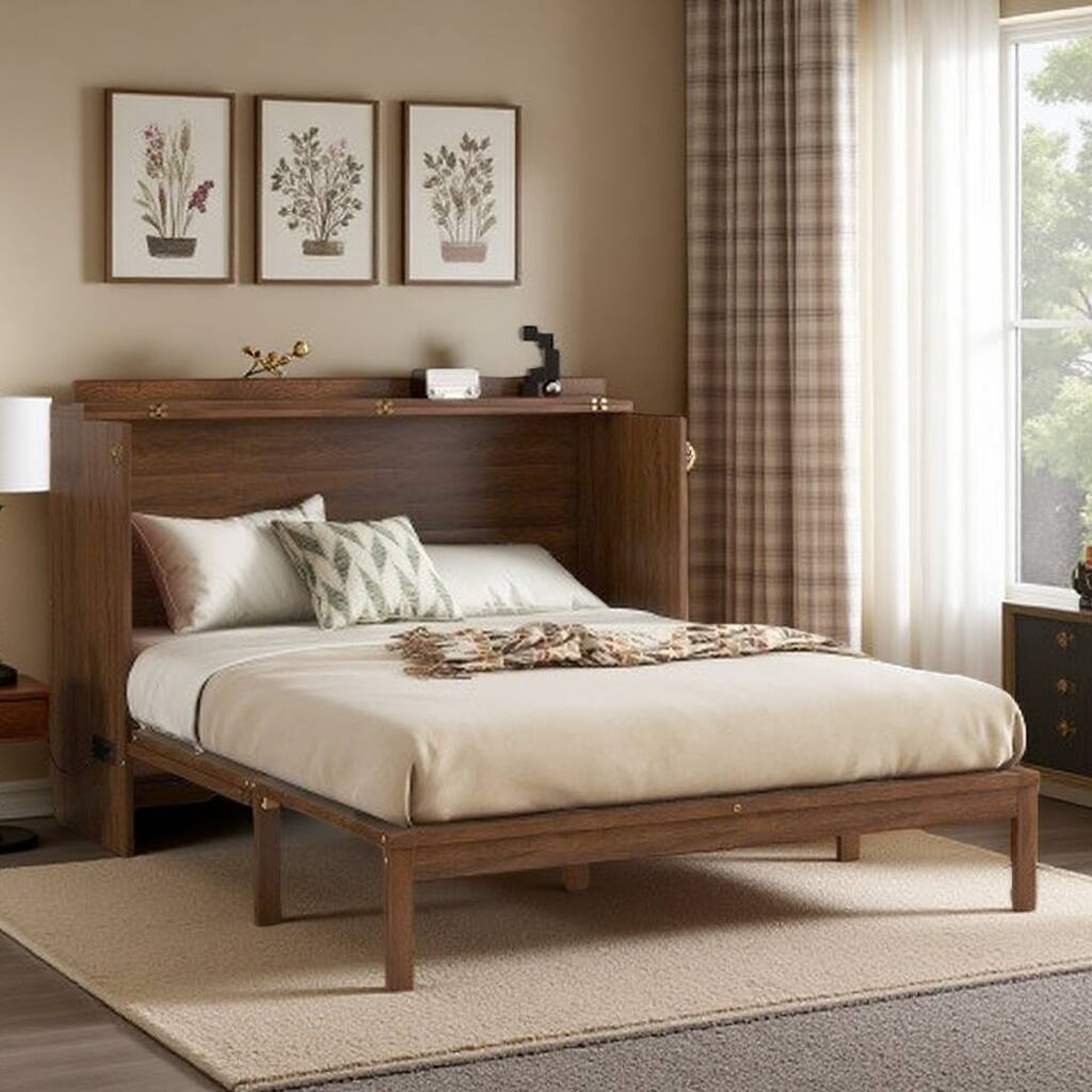 Queen Folding Wall Bed with Pine Wood Frame, Built-In Power Charging Station, Rattan Accent Panel, and Spacious Storage Drawer