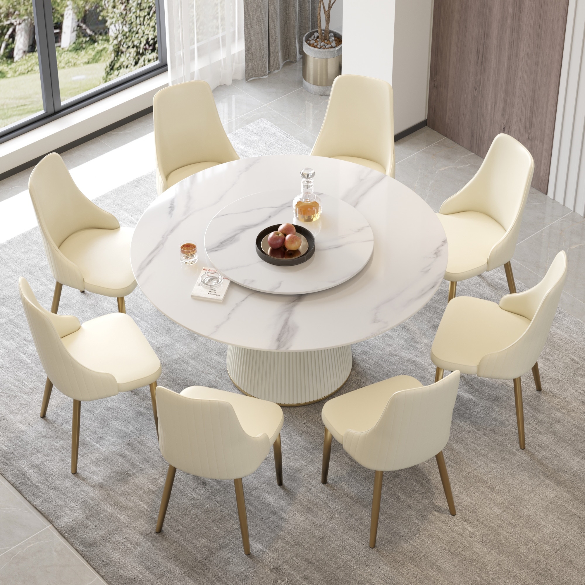 59'' Round Dining Table for 8, White Sintered Stone Tabletop with Lazy Susan