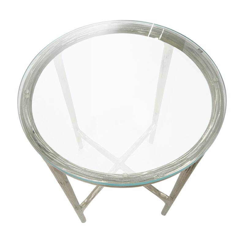 Aluminum Metal Textured Side End Accent Table with Glass Tabletop - Gold or Silver- Roche River Decor