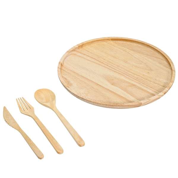 Handmade Unique Circle Shaped Plate and Utensils Natural Rubber Tree Wood 4pcs (Thailand). Opens flyout.