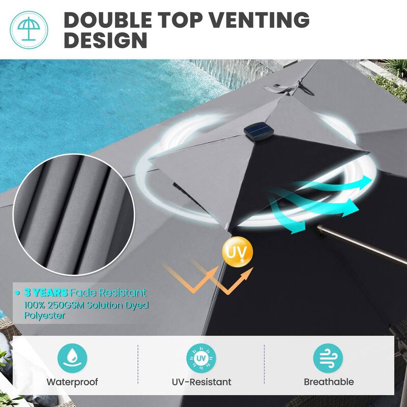 10 FT x 13 FT Outdoor Luxury Solar LED Patio Cantilever Umbrella With Base