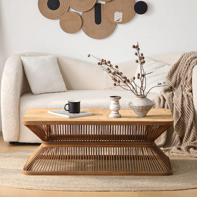 Mid-Century Modern Coffee Table, Rectangular Wood Accent Table with Woven Bamboo Base, Rustic Boho Low Profile Cocktail Table