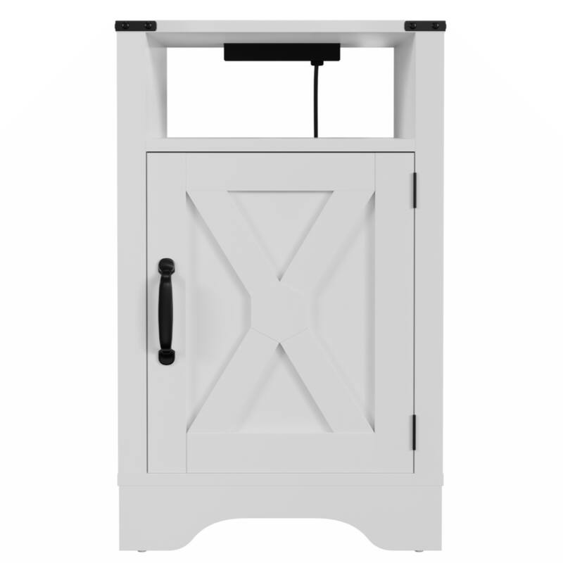 Farmhouse Nightstand Side Table,Tall Bedside Table with Electrical Outlets Charging Station - White