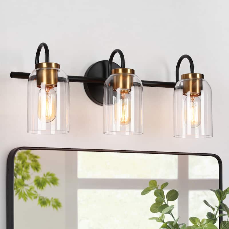 Modern Classic 3-Light Black Bathroom Vanity Light Fixture Gold Brass Wall Sconces with Cylinder Glass - 21" L x 6.5" W x 9" H