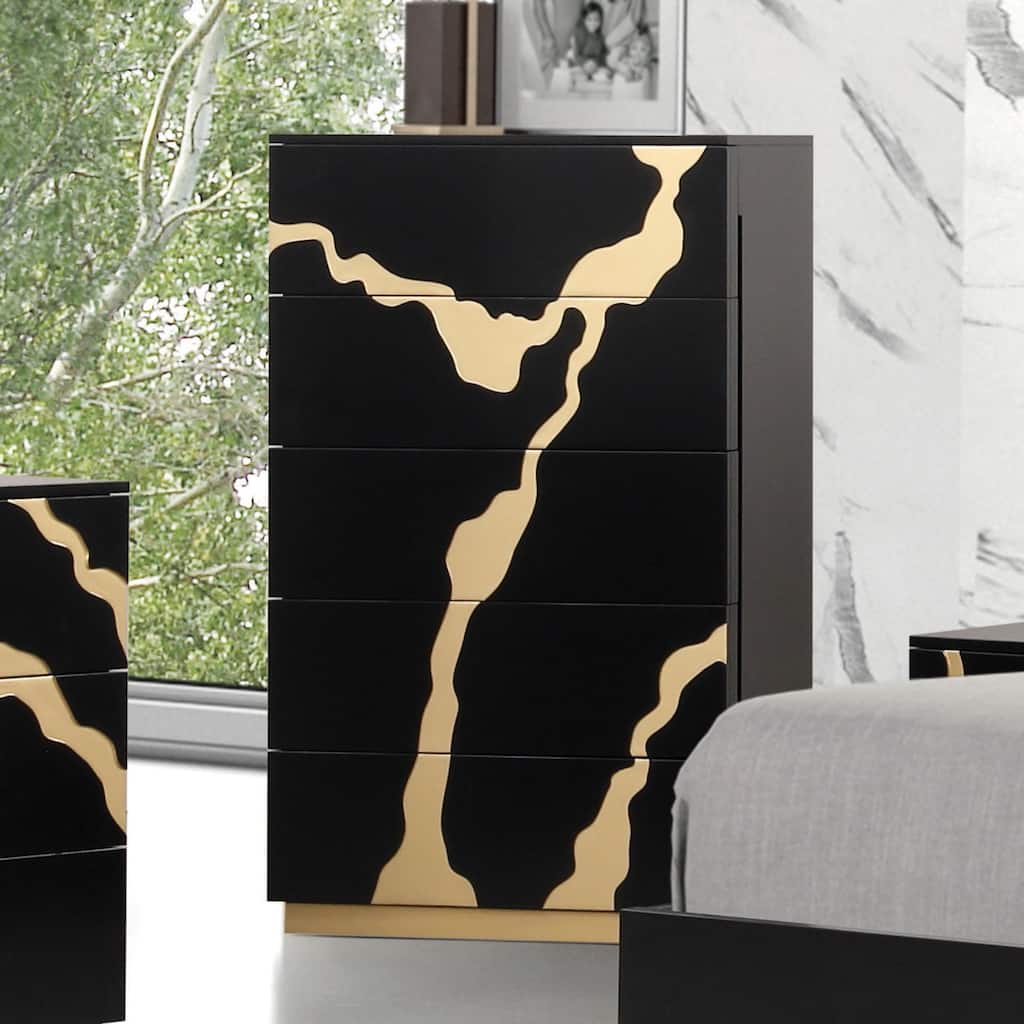 Furniture of America Kismet Modern Black Wood 5-Drawer Chest with Gold Accents