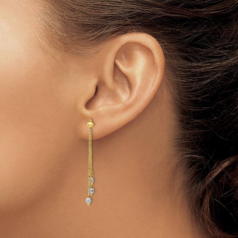 Curata 14K Two-Tone Gold Three-Strand Diamond-cut Bead Drop Earrings (3mmx43mm) - Orange