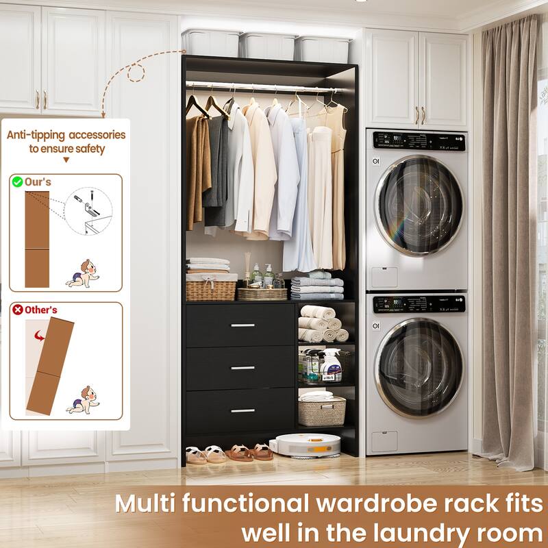 Cimly 30'' W Freestanding Closet Sytem with Hanging Rod, Closet Organizer with Drawers and Shelves