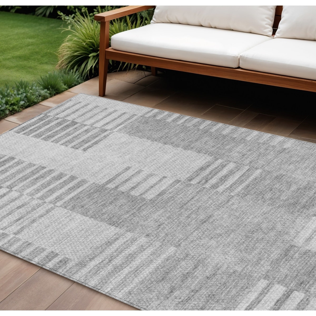 9' X 12' Silver Gray And Ivory Striped Washable Indoor Outdoor Area Rug - 9'3" x 12'3"