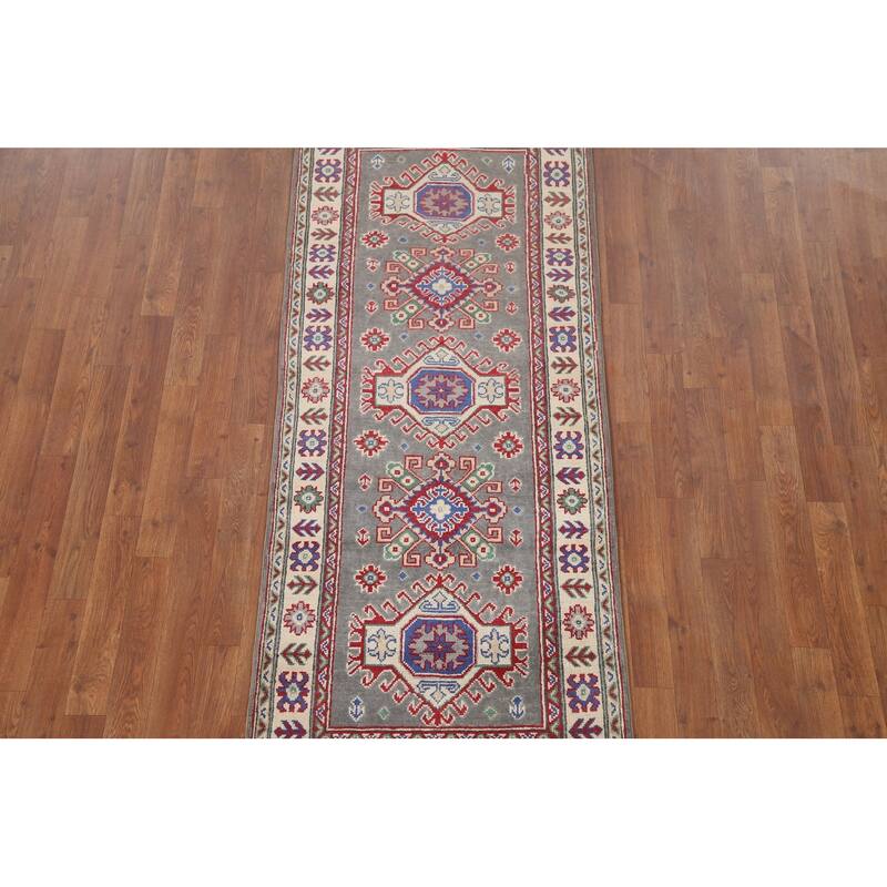 Hand Knotted Oriental 100% Wool Carpet Traditional Geometric Greys & Charcoal Kazak Runner Rug - 6' 7'' X 2' 7''