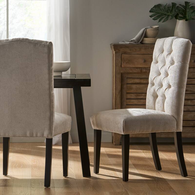Upholstered Dining Chairs 2 Pack, Tufted Seat Back Padded Seating, Crown-shaped Top Ivory Fabric Dining Chairs for Kitchen