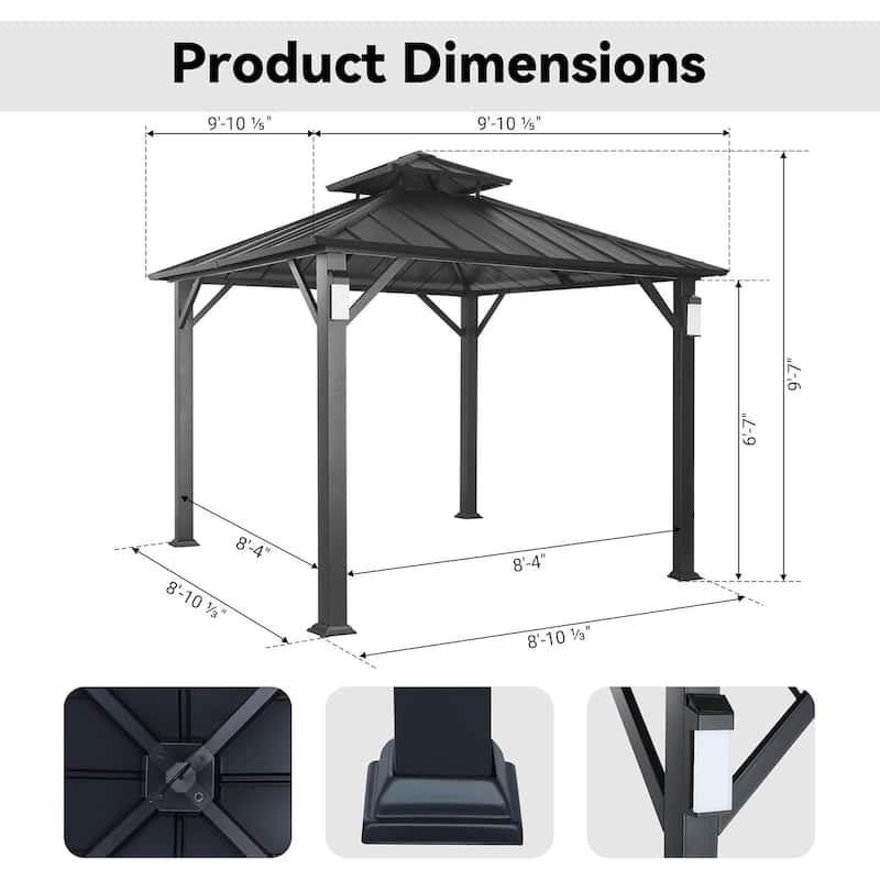 Hardtop Gazebo 10' x 10', Permanent Metal Gazebo with 4 LED Lights, Outdoor Pavilion with Galvanized Steel Roof for Backyard