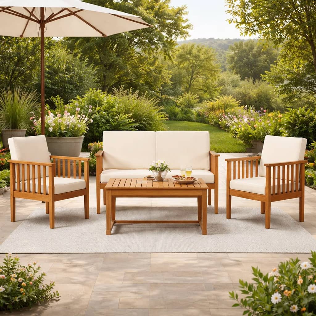 Sayan 4pc Outdoor Coffee Table Set, Loveseat, 2 Chairs, Beige, Brown