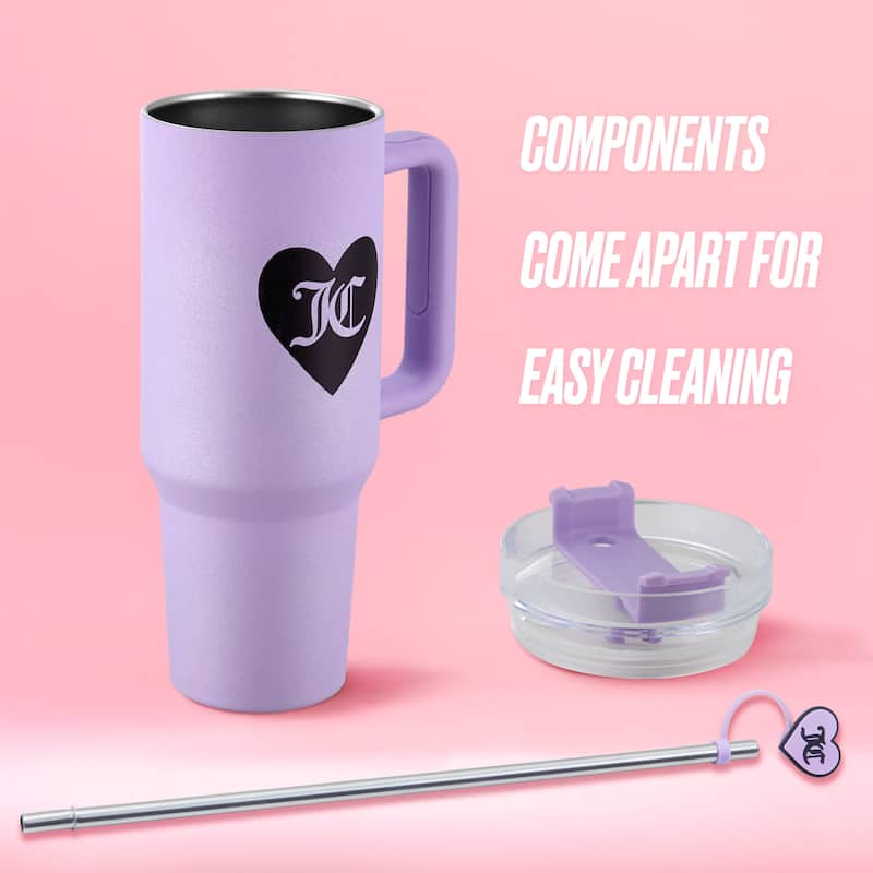 Juicy Couture Jetsetter Hydration Stainless Steel Tumbler with Handle and Straw With Topper