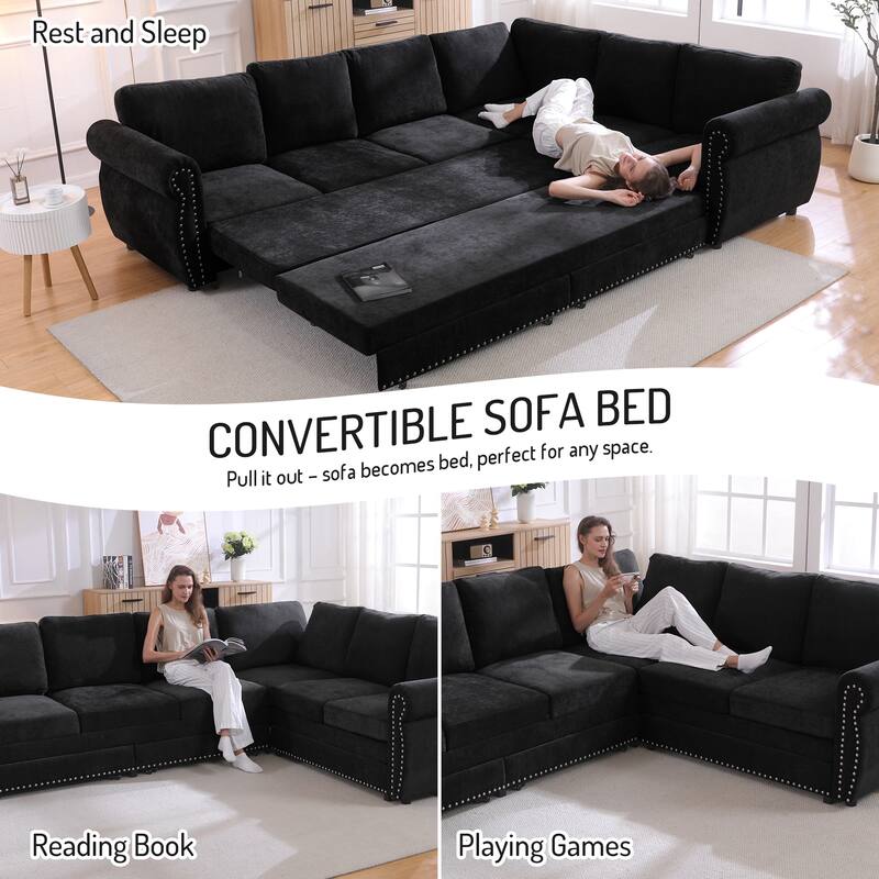 L-Shaped Sectional Sofa with Pull-Out Bed, Oversize Convertible Sleeper Sofa with Rolled Arms, Chenille Upholstery