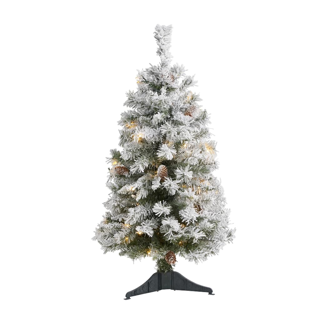 3' Pre-Lit Flocked Artificial Christmas Pine Tree, Clear LED Lights - 3 Foot
