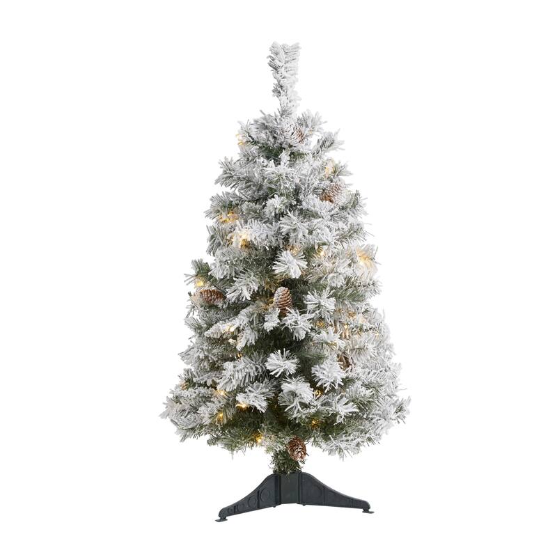 3' Pre-Lit Flocked Artificial Christmas Pine Tree, Clear LED Lights - 3 Foot