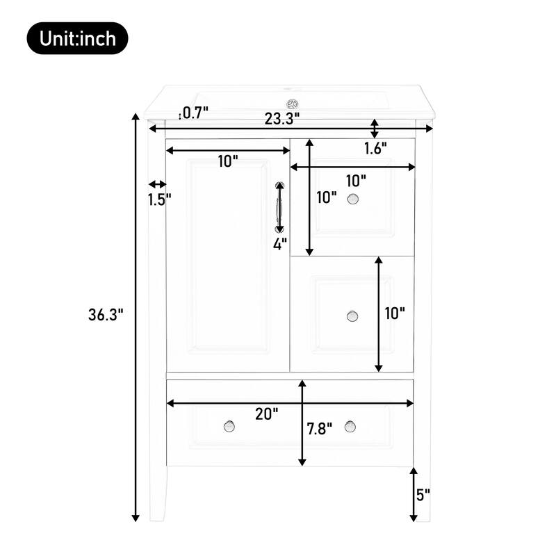 24 inch Bathroom Vanity with Sink, One Cabinet with Soft-closing Door, 3 Soft-closing Drawers, Retro Metal Handles