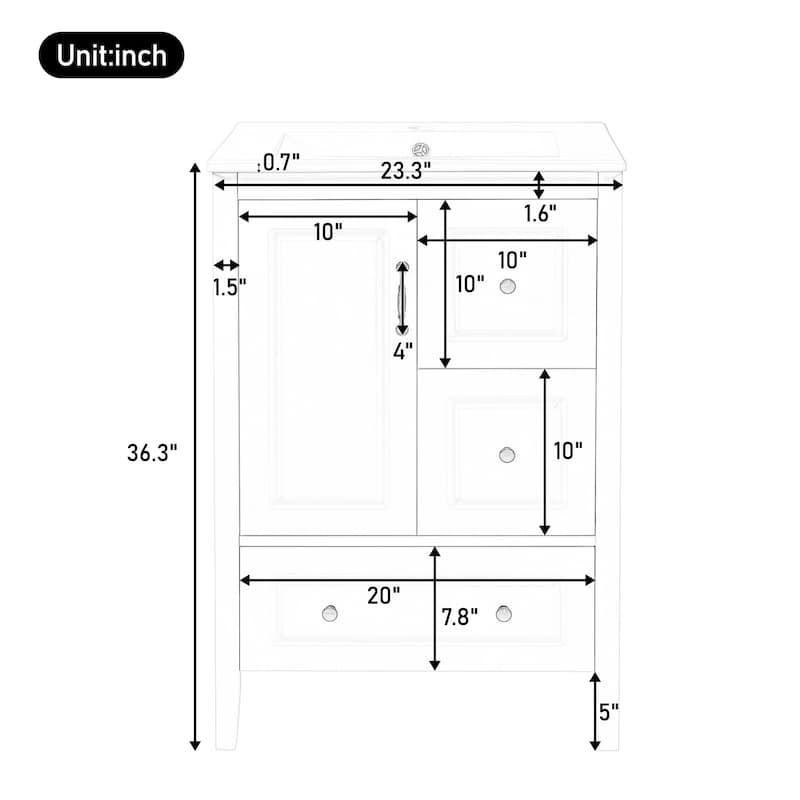 Roomfitters Bathroom Vanity with Sink, Single Cabinet with Soft-closing Door and Three Soft-closing Drawers, Retro Handles
