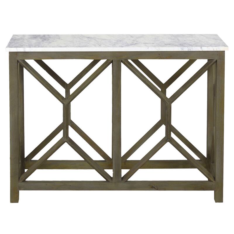 Agas Sofa Console Table, 41 Inch White Genuine Marble Top, Sandblasted Washed Ash Gray Mango Wood Geometric Frame - White, Ash Gray