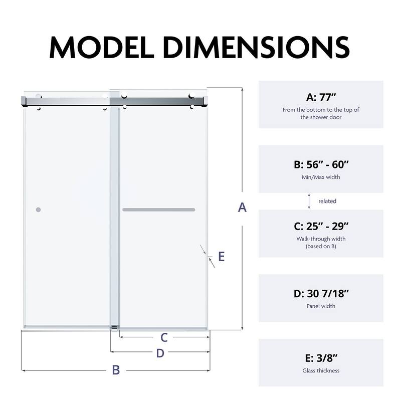 SP Series 56” - 60" W x 77” H Double Sliding Frameless Glass Shower Doors With 3/8" Clear Tempered Glass