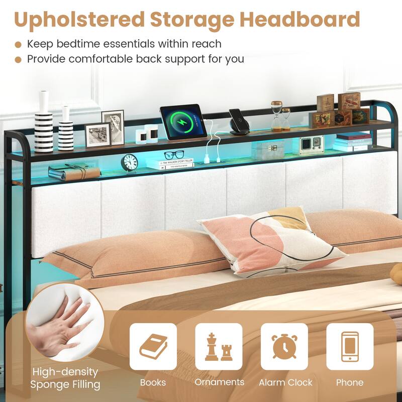 Gymax King Size Bed Frame w/LED Light & Charging Station Heavy Duty