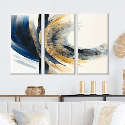 Designart "Blue And Gold Swirl Abstract IV" Modern Spiral Framed Canvas Art Print - 3 Panels