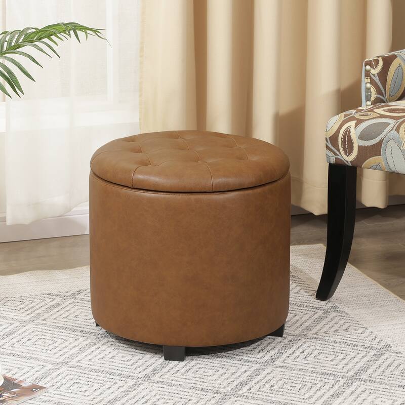 Adeco 17" Faux Leather Round Storage Ottoman with Tufted