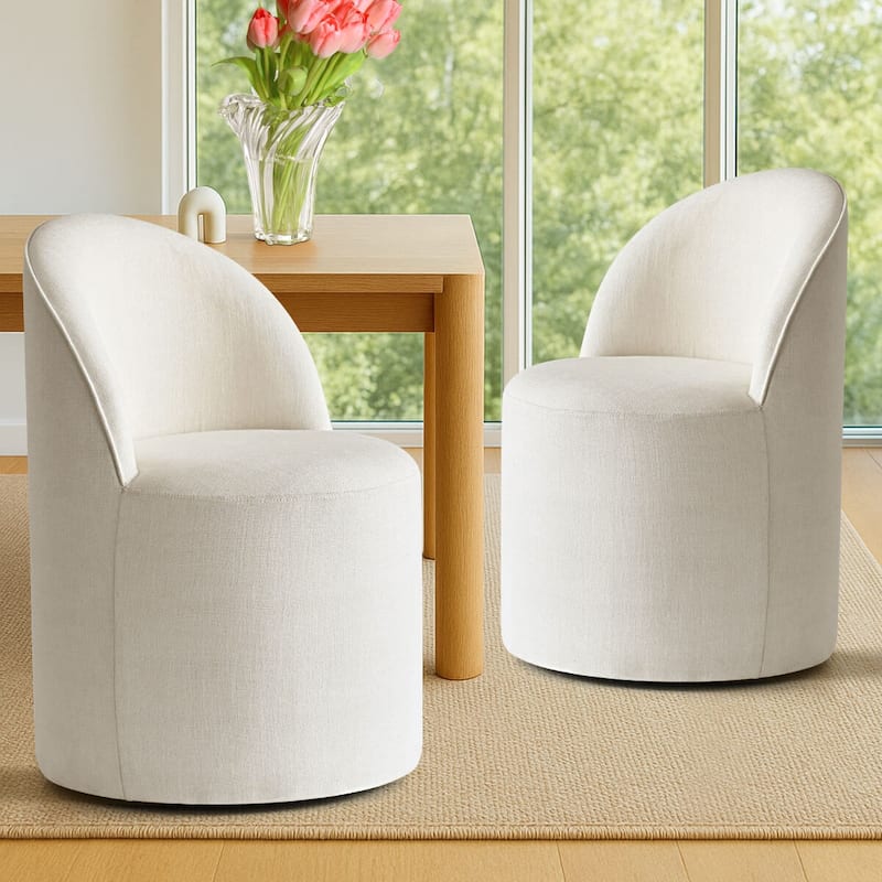 Linen Rolling Upholstered Dining Chair with Wheels (Set of 2)