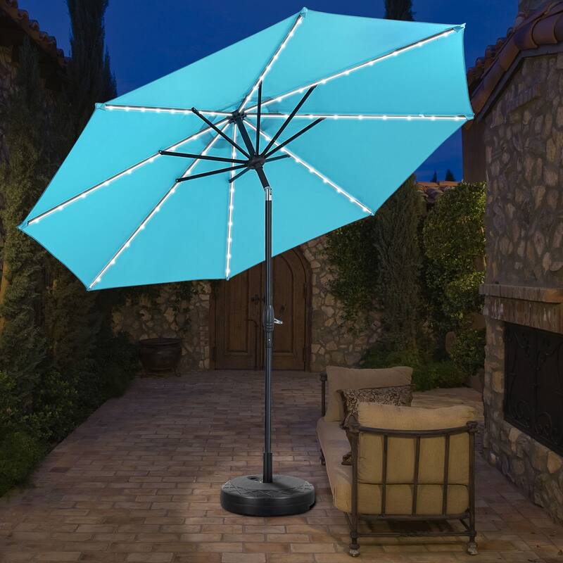 Ainfox 10ft Solar Patio Umbrella 40 LED Lighted and Umbrella Base, Strip Lights Outdoor Market Table Umbrella - Blue