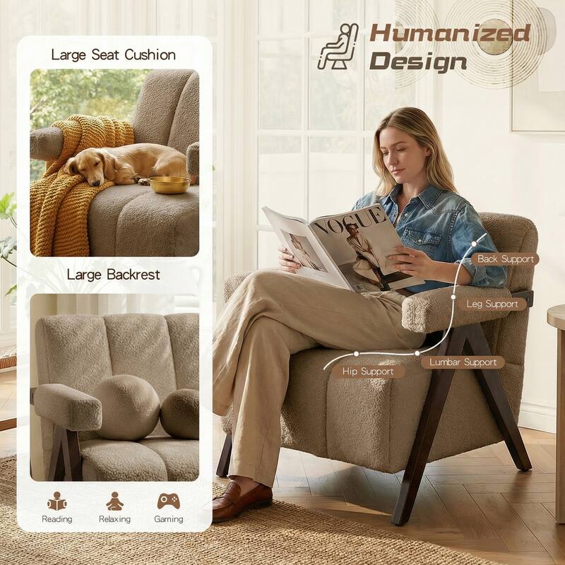 Mid Century Modern Accent Chair, Solid Wood Upholstered Armchair with Wide Backrest and Thick Cushion