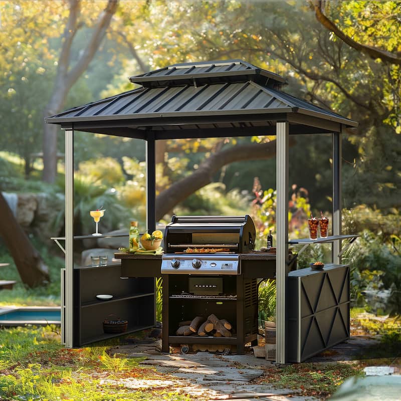 Grill Gazebo with Bar & Shelves, Double Roof BBQ Canopy for Patio, Wind & Weather-Resistant Outdoor Grill Shelter Tent