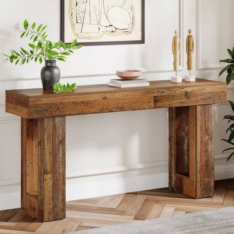 63 Inch Modern Rustic Entryway Console Table with Wood Finish and Legs for Hallway or Living Room - 63”L x 3.77”W x 33.46”H