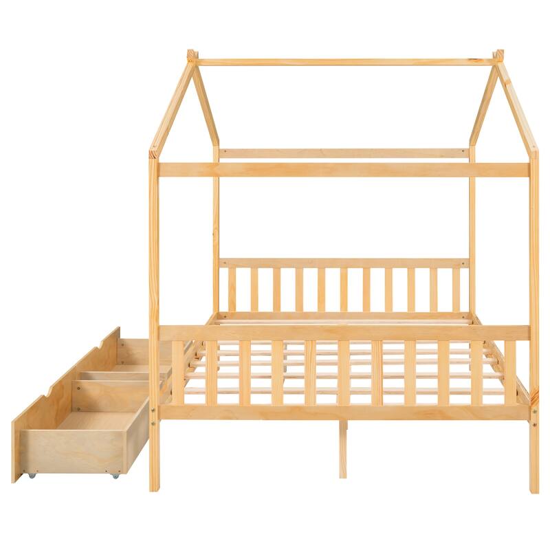 Full Size House Platform Bed with Storage Drawers, Roof, Headboard and Footboard