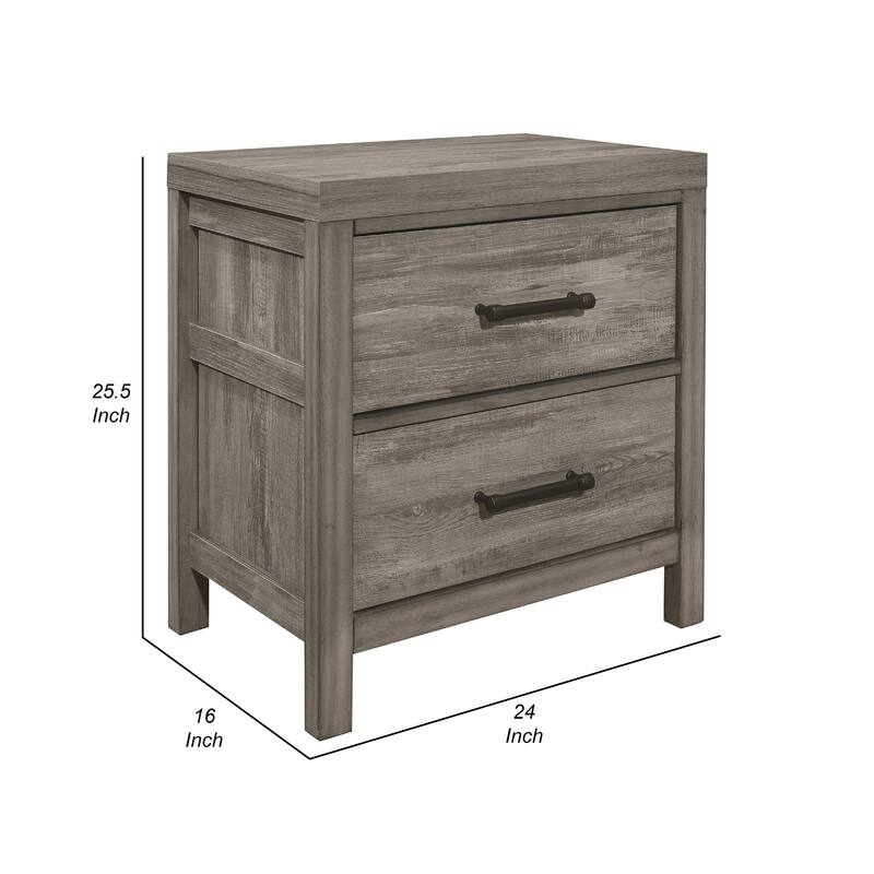 Rie 2 Drawer Nightstand, 26 Inch, Weathered Gray Melamine Laminate